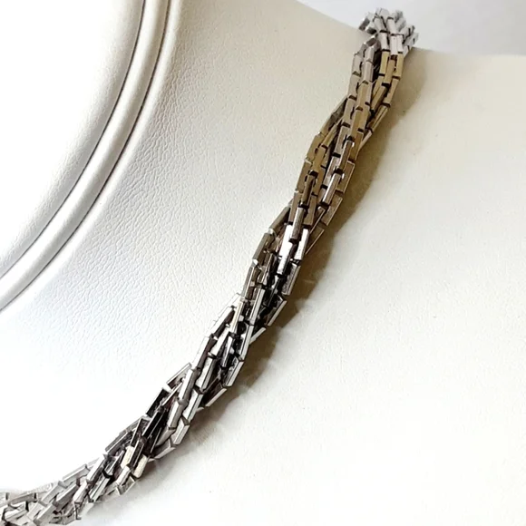 VTG LES BERNARD Silver Tone 3 Strand Twisted Box Link Chain Choker 15" - Picture 5 of 8